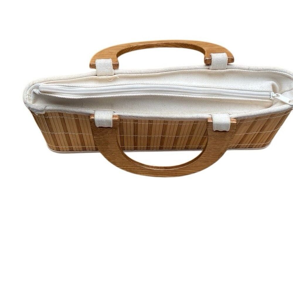 Bamboo Wood Slat Lined Purse, Handbag With Wood Handles Rectangle 13x6x4 - Picture 5 of 10